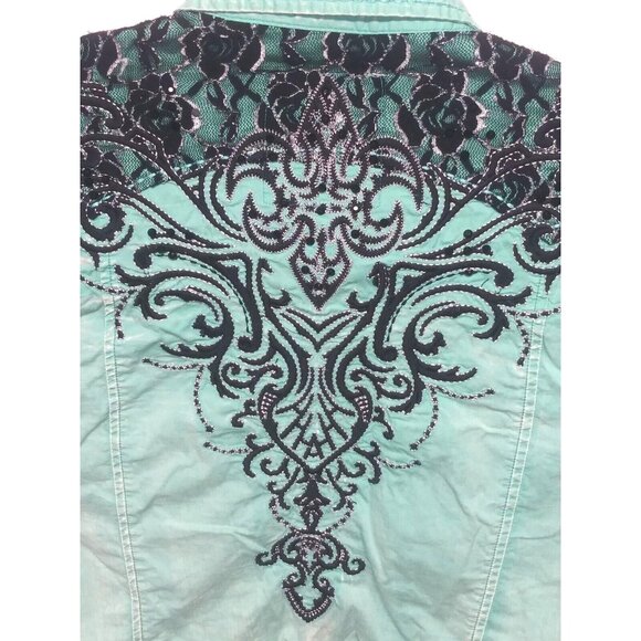 Roar Western Shirt Womens Sz L Slim Embroidered Rhinestones Cowgirl green black - Picture 6 of 12